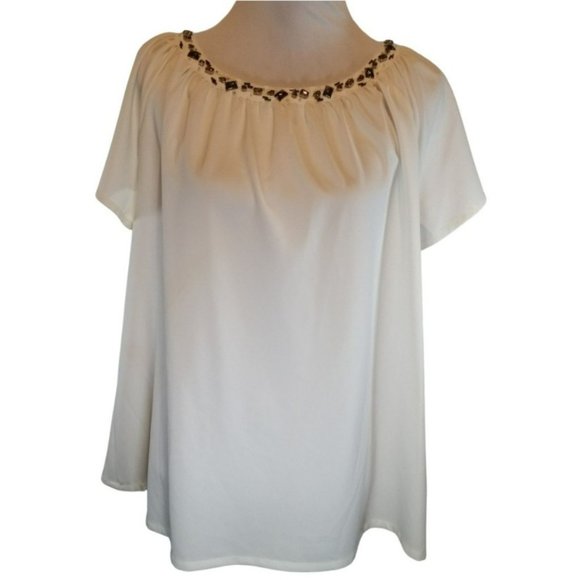 NEW- Modamix White Short Sleeved Blouse with Bead & Rhinestone Size XL - Picture 1 of 5